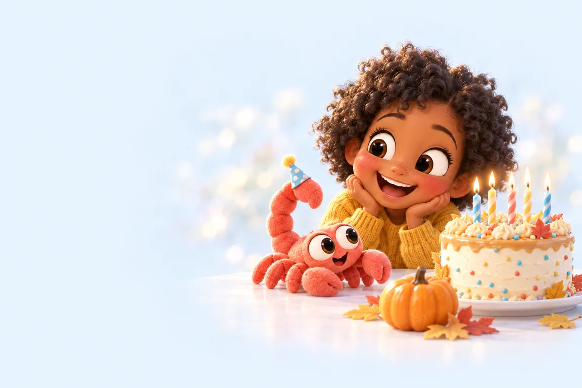 A girl laughing at a plush toy scorpion in a party hat beside a birthday cake