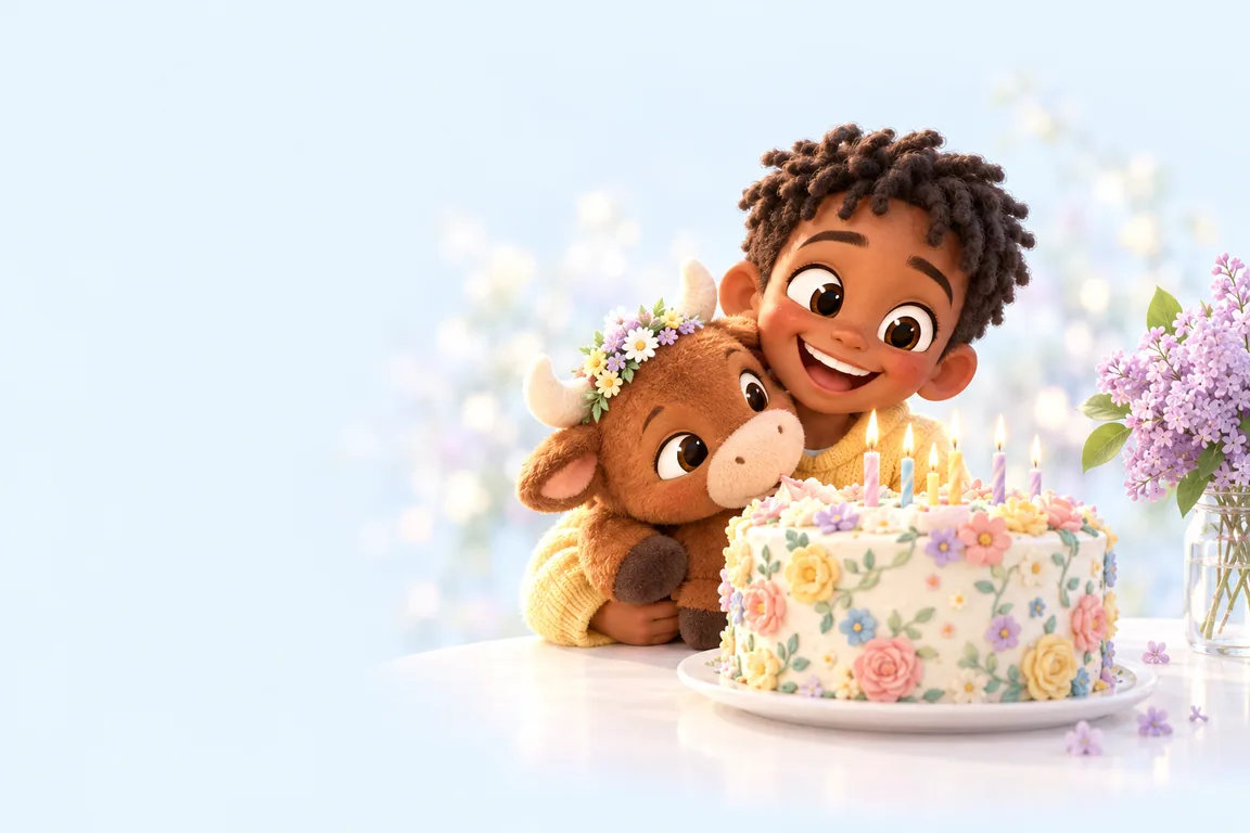 A boy with a plush bull on his lap beside a cake piped with buttercream flowers