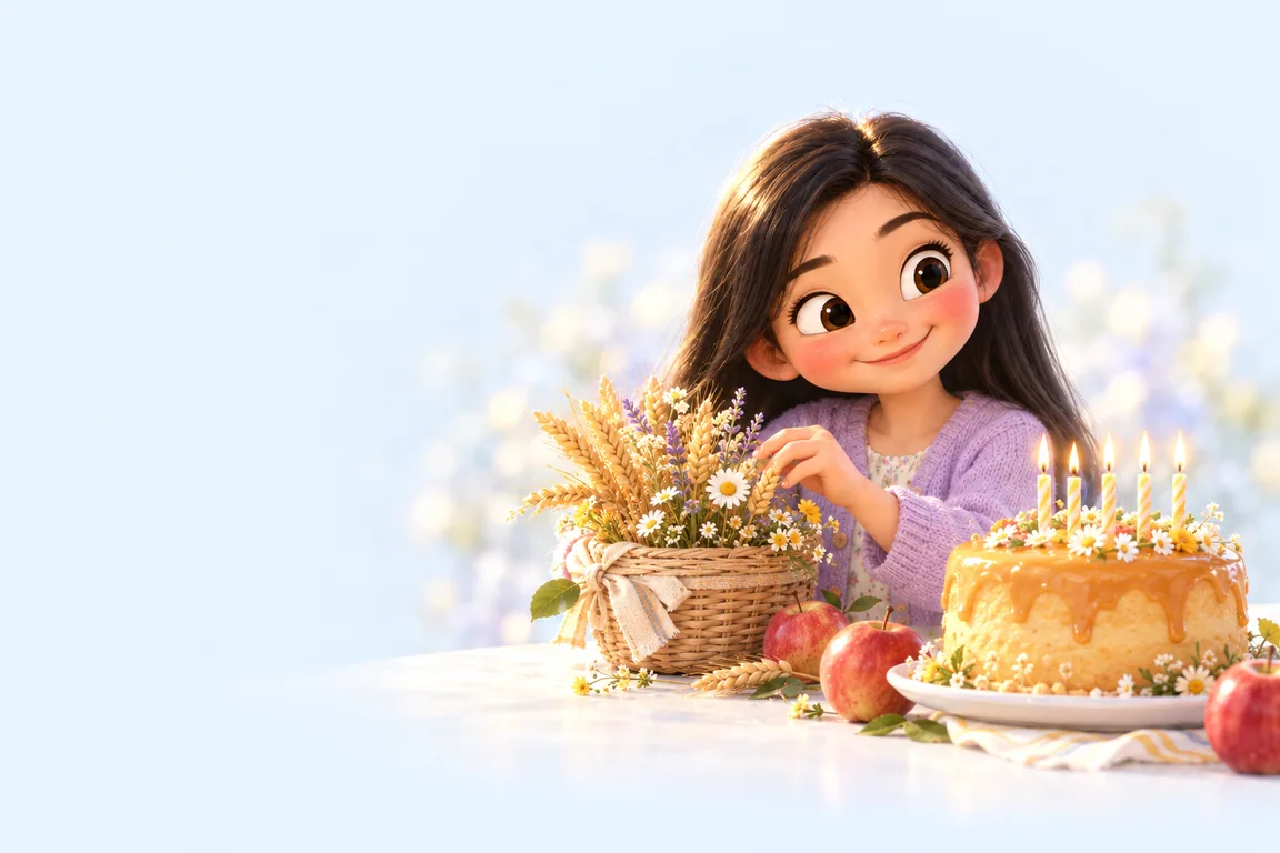 A girl arranging a basket of wheat and wildflowers beside a honey-colored cake