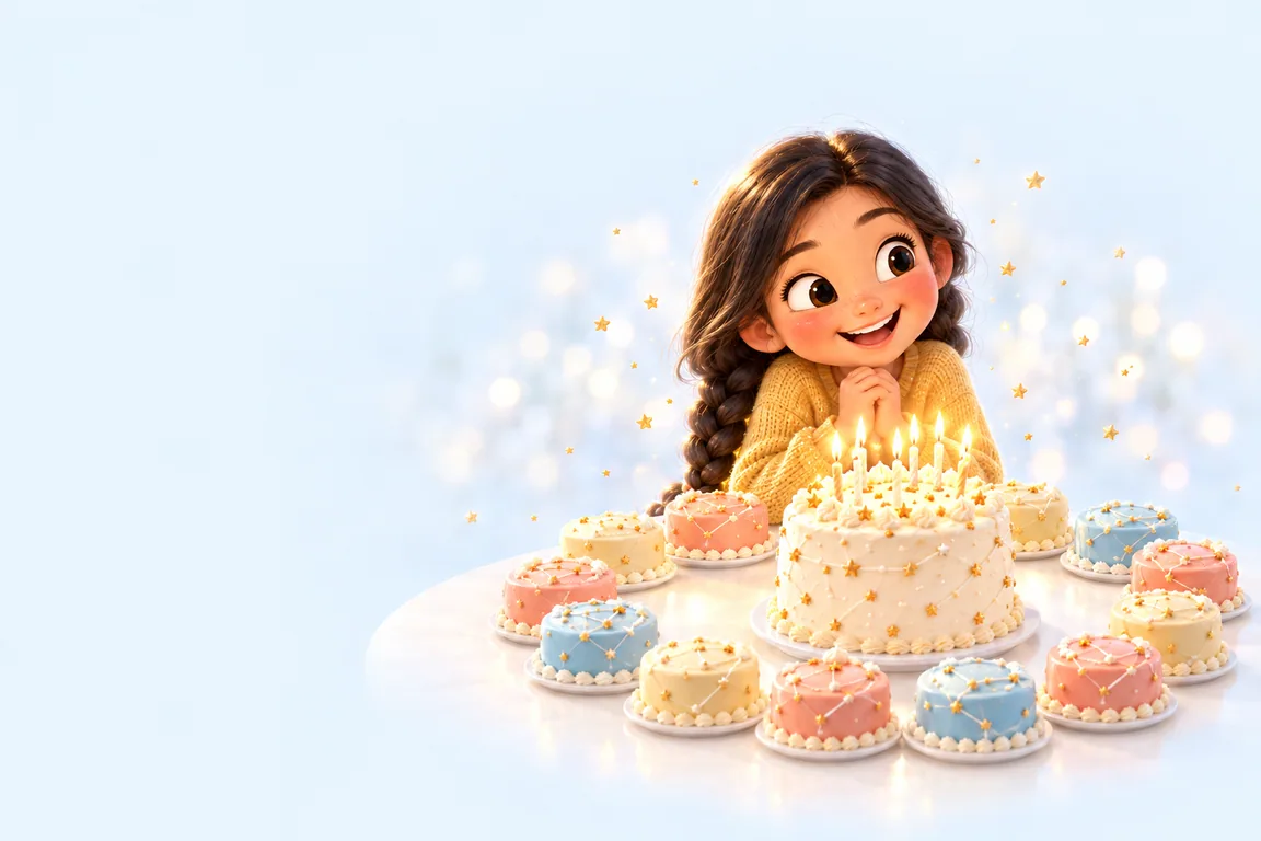 A girl at a ring of twelve small cakes topped with sugar-star constellations, leaning toward the one big glowing cake
