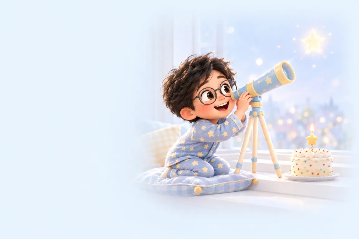 A boy at a window looking through a toy telescope at one big star, a small cake with one candle on the sill